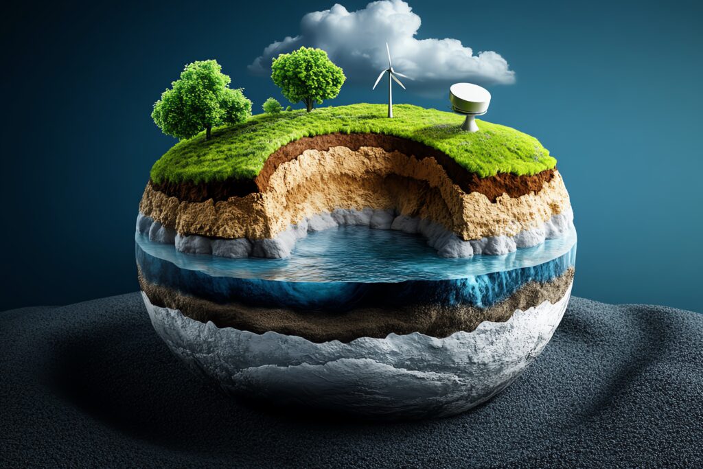 Energy Illustration Geothermal, Earth’s Core, and Sustainability shown in a cross-sectional view of the Earth where geothermal energy is harnessed from the Earth’s core, providing a sustainable
